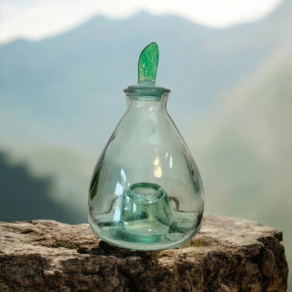 Vintage The Medieval fly catcher Made Spain green blown glass pear bug catcher